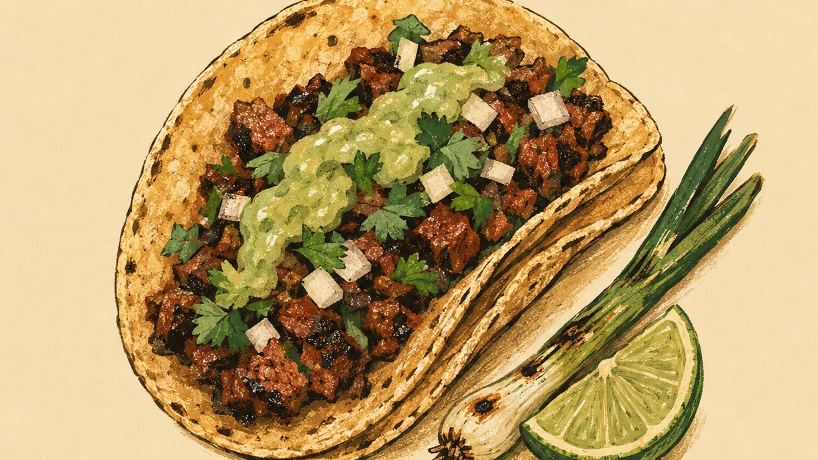 Two stacked corn tortillas holding finely chopped charred beef, a stripe of pale green guacamole sauce, cilantro and small white cubes of onion, with a grilled spring onion and a lime wedge beside them.