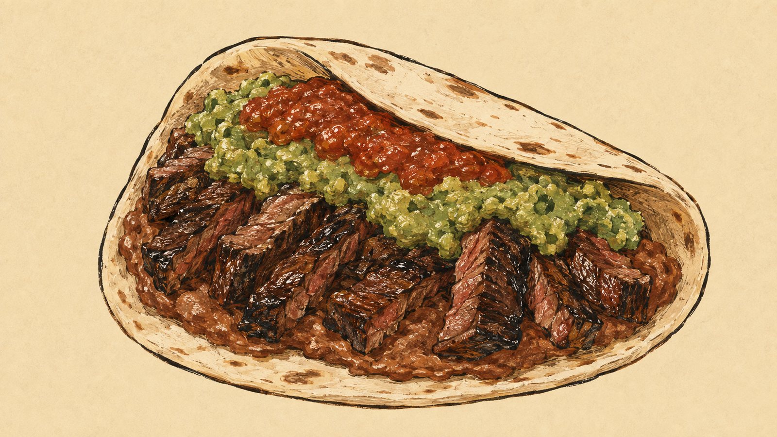 A large flour tortilla folded open around thick slices of grilled steak with charred edges, refried beans underneath, and stripes of chunky guacamole and red salsa along the top.