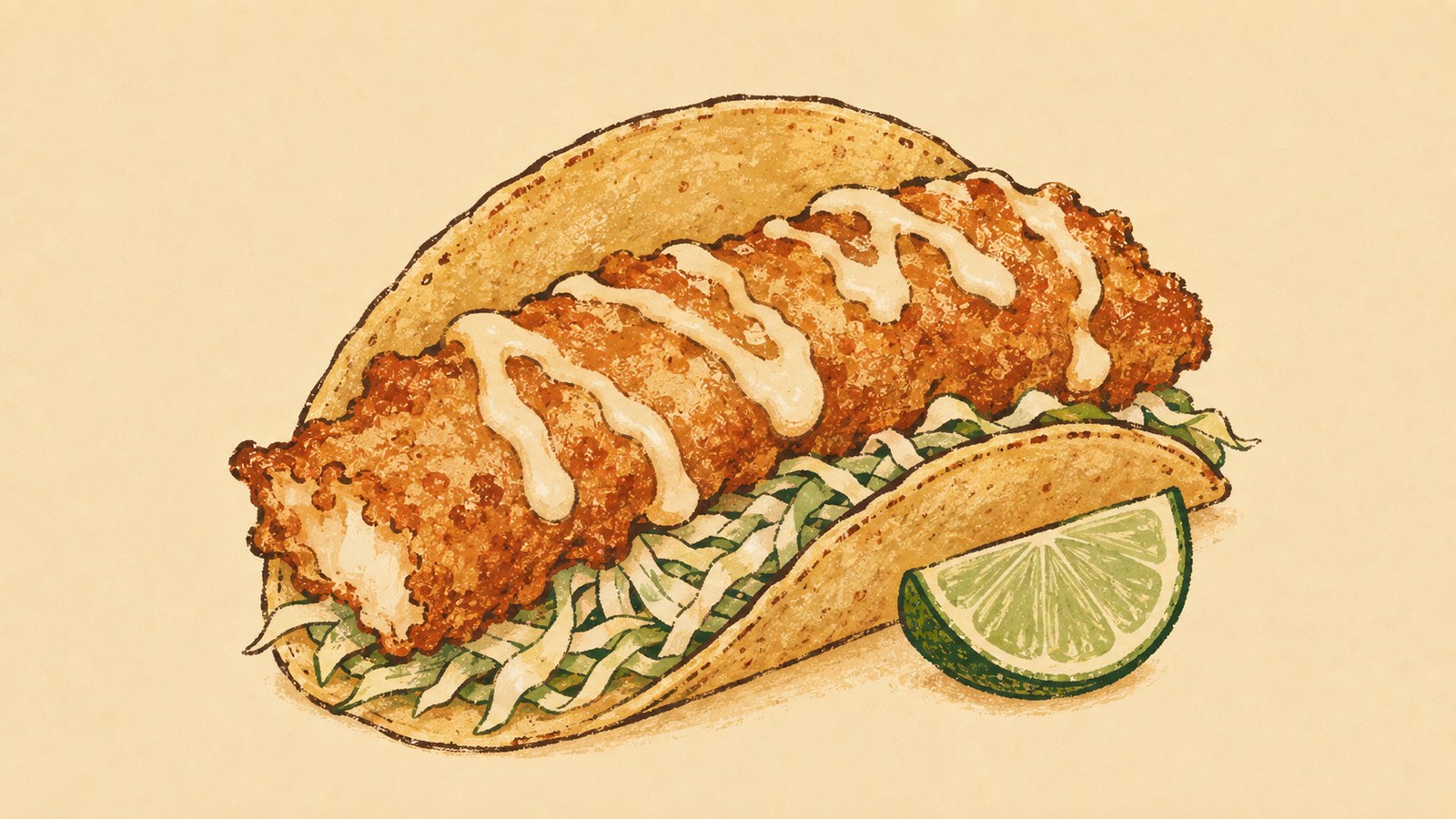 A folded corn tortilla holding a long piece of golden battered fish zigzagged with white crema, shredded cabbage underneath, a lime wedge resting beside it.