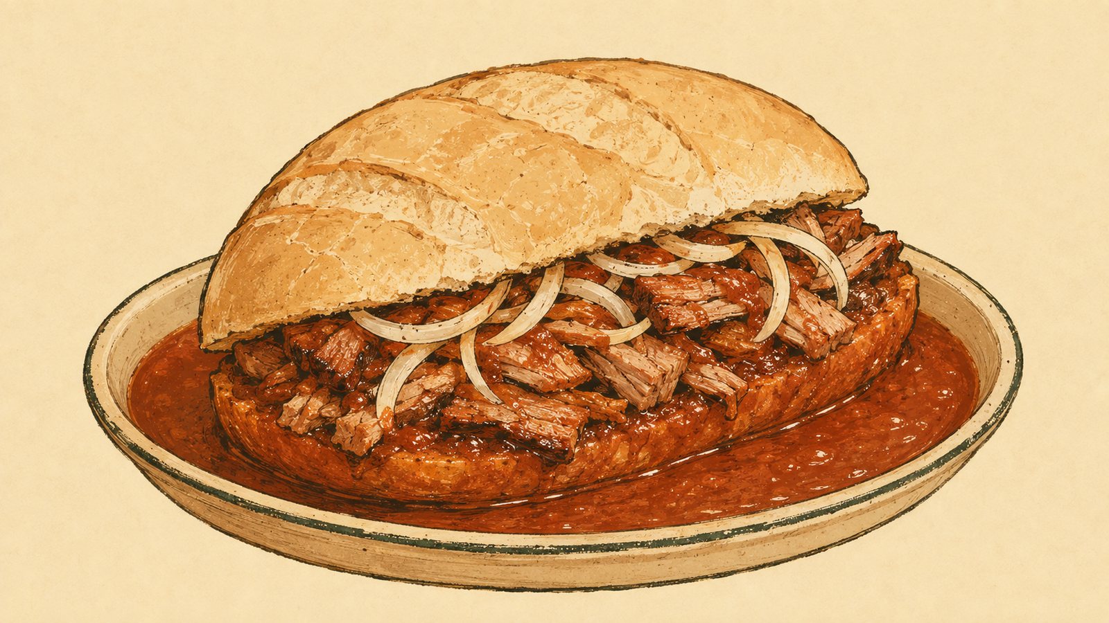 A crusty split roll heaped with shredded pork and rings of raw white onion, sitting in a shallow dish flooded with thin brick-red chile salsa.
