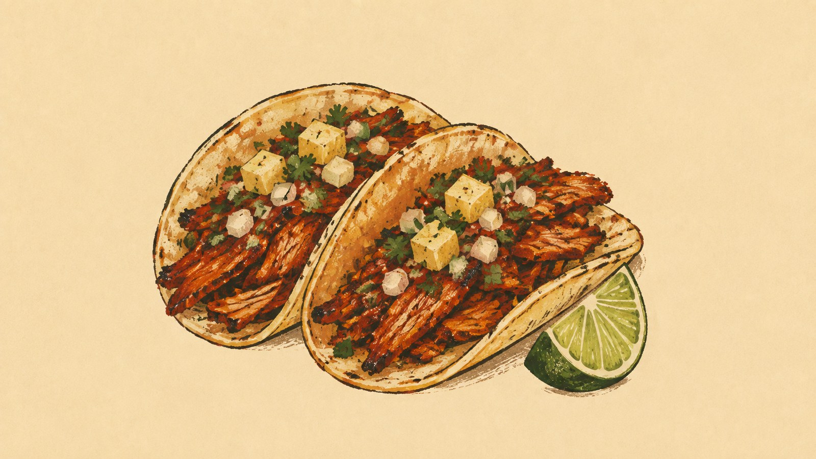 Two corn tortillas holding thin strips of red-edged roast pork, topped with cubes of pineapple, chopped onion and cilantro, a lime wedge beside them.