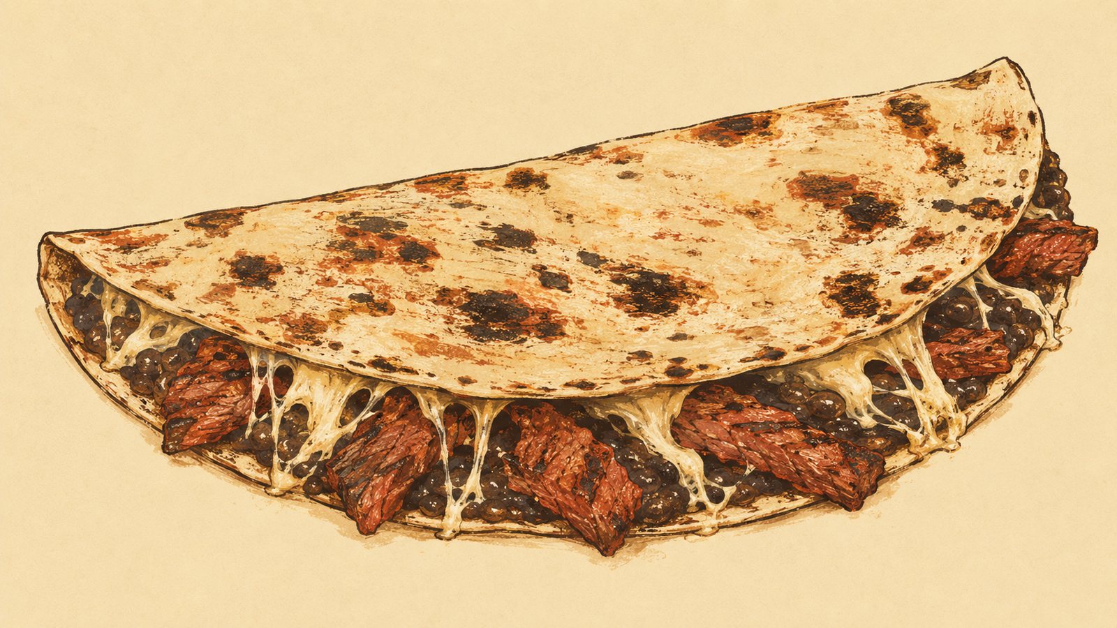A very large thin tortilla folded in half and blistered dark from the coals, with black beans, strands of stretched white cheese and strips of grilled beef spilling from the open edge.